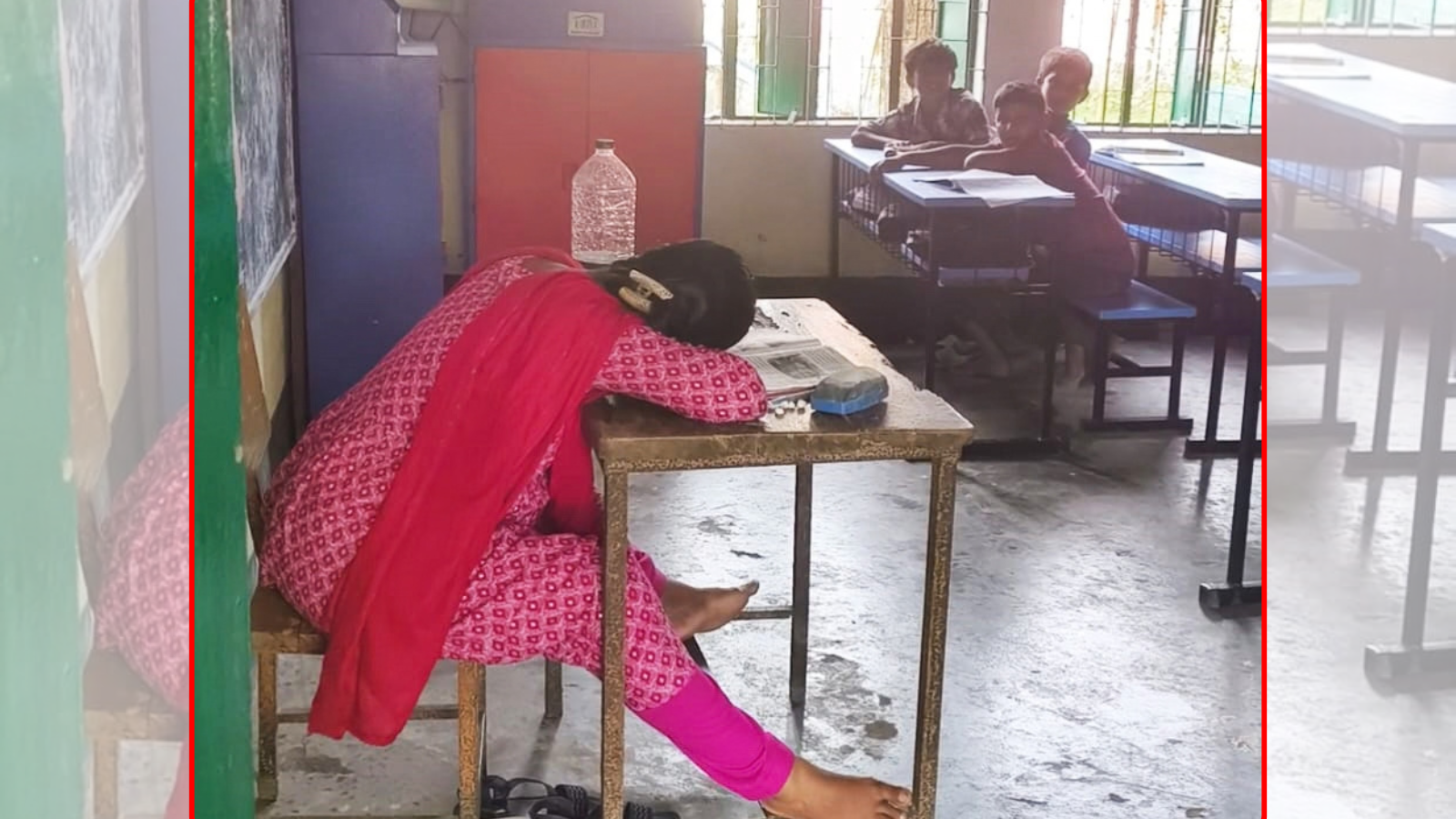 ক্লাস চলাকালে টেবিলে মাথা রেখে শিক্ষিকার ঘুম, ক্ষুব্ধ অভিভাবক